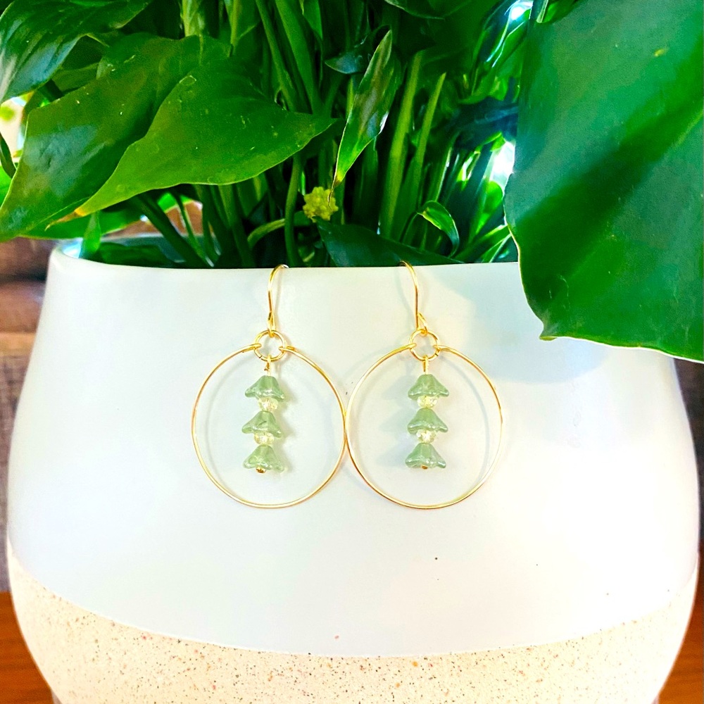 Green Glass Flower Hoops